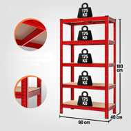 Regál s vysokou nosnosťou HEAVY, max. 875kg, 90x40x180cm, červená