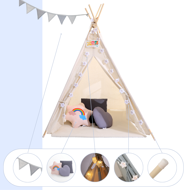 Detský stan teepee JULIUS, 120x120x160cm, biela/šedá