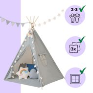 Detský stan teepee JULIUS, 120x120x160cm, šedá/modrá