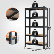 Regál s vysokou nosnosťou HEAVY, max. 875kg, 90x40x180cm, čierna
