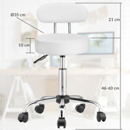 Taburetka na kolieskach s operadlom ROLAND, Ø35cm, biela