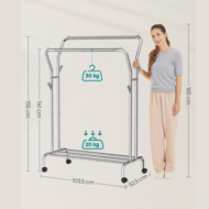Stojan na oblečenie MATILDA na kolieskach max. 100kg, 155x103x52 cm, strieborná