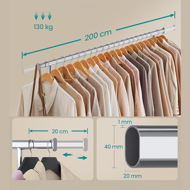 Stojan na oblečenie DOLLY na kolieskach, max. 150 kg, 45x160-200x161,5cm, strieborná