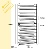 Stohovateľný regál na topánky IDA, 12 políc, 92,5x31x223cm, čierna