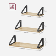 Nástenné konzolové police ABBY, 3ks, 30/35/40x12cm, čierna/bledá hnedá