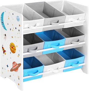 Regál na hračky VESMÍR, 9 boxov, 62,5x29,5x60cm, biela s nálepkami