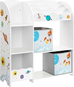 Organizér na hračky a knihy pre deti, multifunkčný úložný priestor s 2 úložnými boxami, VESMÍR, biely