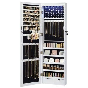Nástenná šperkovnica so zrkadlom JEWELIA s LED osvetlením, 10x37x120cm, biela