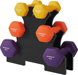 Set šesťhranných ručných činiek so stojanom, 2 x 1 kg, 2 x 1,5 kg, 2 x 2 kg, ručné činky s neoprénovým matným povrchom