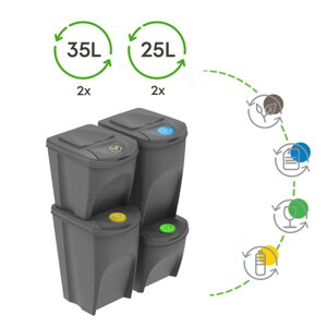 Sada 4 odpadkových košov SORTIBOX šedý kameň, objem 2x25l a 2x35 litrov
