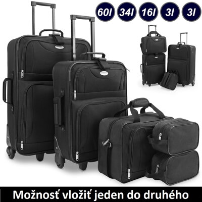 Set cestovných kufrov na kolieskach čierna farba 4-dielny (60l, 34l, 16l, 3l)