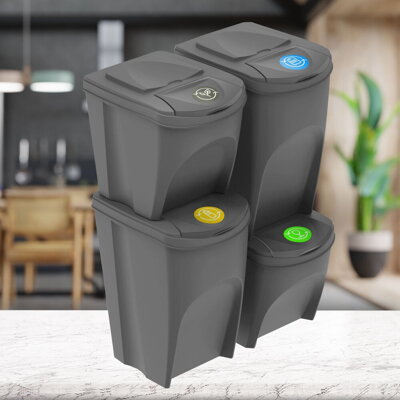 Sada 4 odpadkových košov SORTIBOX šedý kameň, objem 2x25l a 2x35 litrov