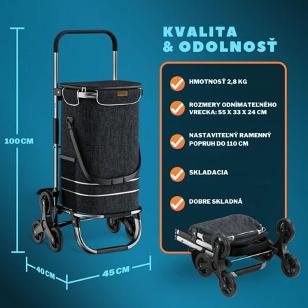 Nákupná taška na kolieskach do schodov COMFORT, 50l,  čierna