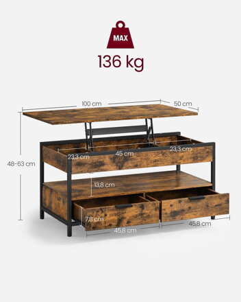 Výškovo nastaviteľný konferenčný stolík GASPAR, 50x100x(48-63)cm, čierna / hnedá