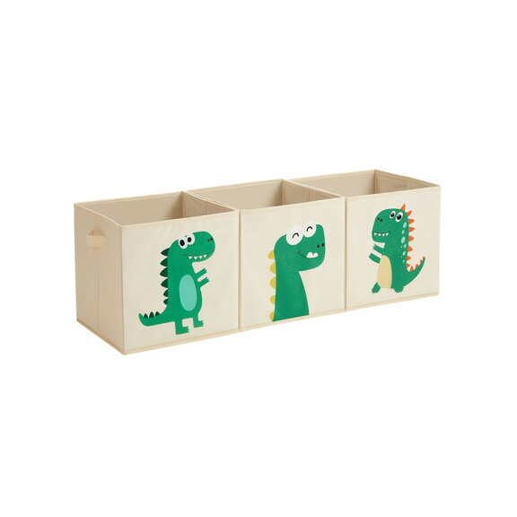 Sada troch úložných boxov DINO 30x30cm, detská, béžová/zelená