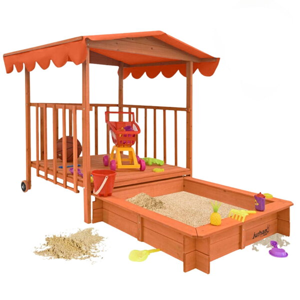 Pieskovisko s verandou HAPPY, 130x130x143cm, hnedá/oranžová