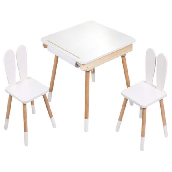 Detský rastúci set BUNNY, stolík a 2 stoličky, biela/hnedá