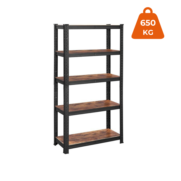 Policový regál DUSTY,5 políc, max 650kg, čierna/hnedá